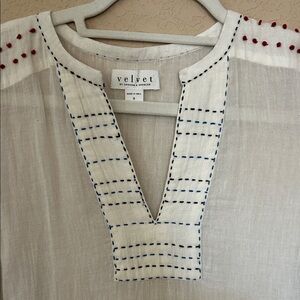 Velvet White Tunic with Blue Stitching and Red Accents